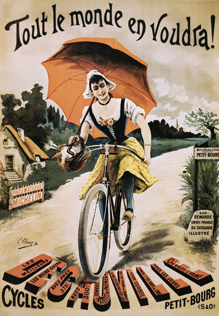 Vintage plakat af kvinde, der kører på cykel, der holder rød paraply af Emile Clouet