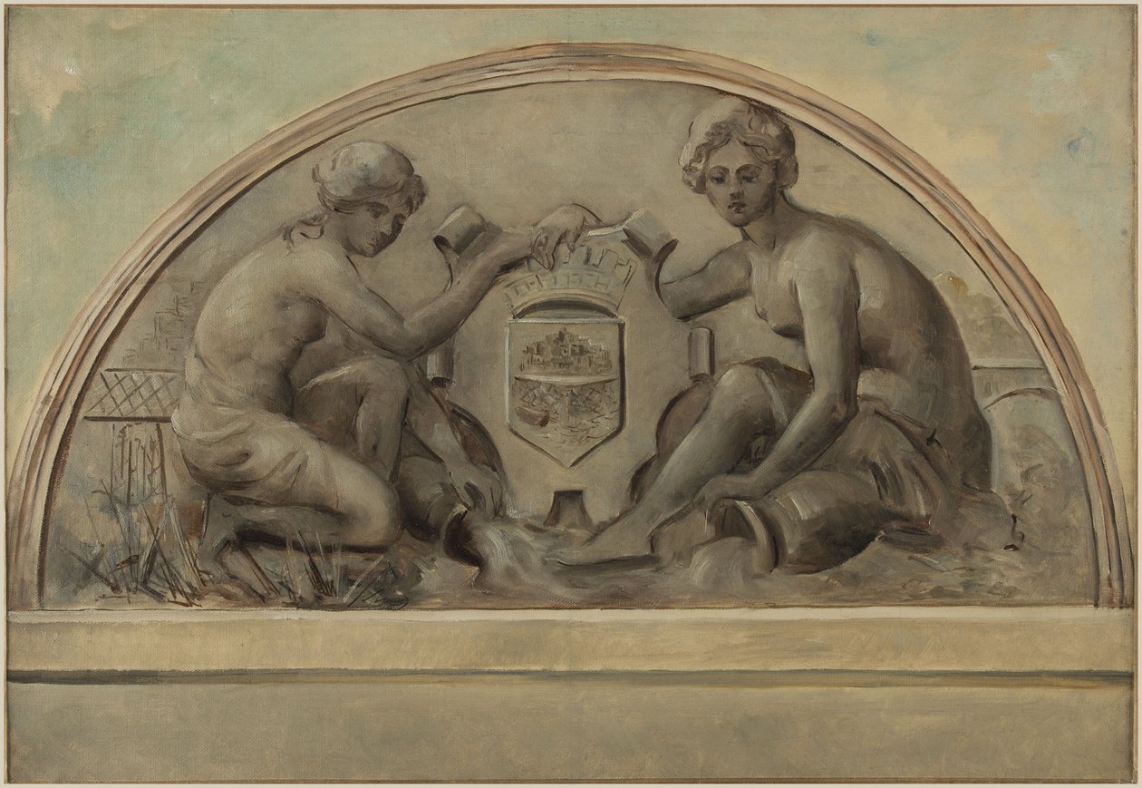 Skitse til frontonen på skolekomplekset i Alfortville: Seinen og Marne indrammer Alfortvilles våbenskjold, 1898 (olie på lærred) af Emile Delbos