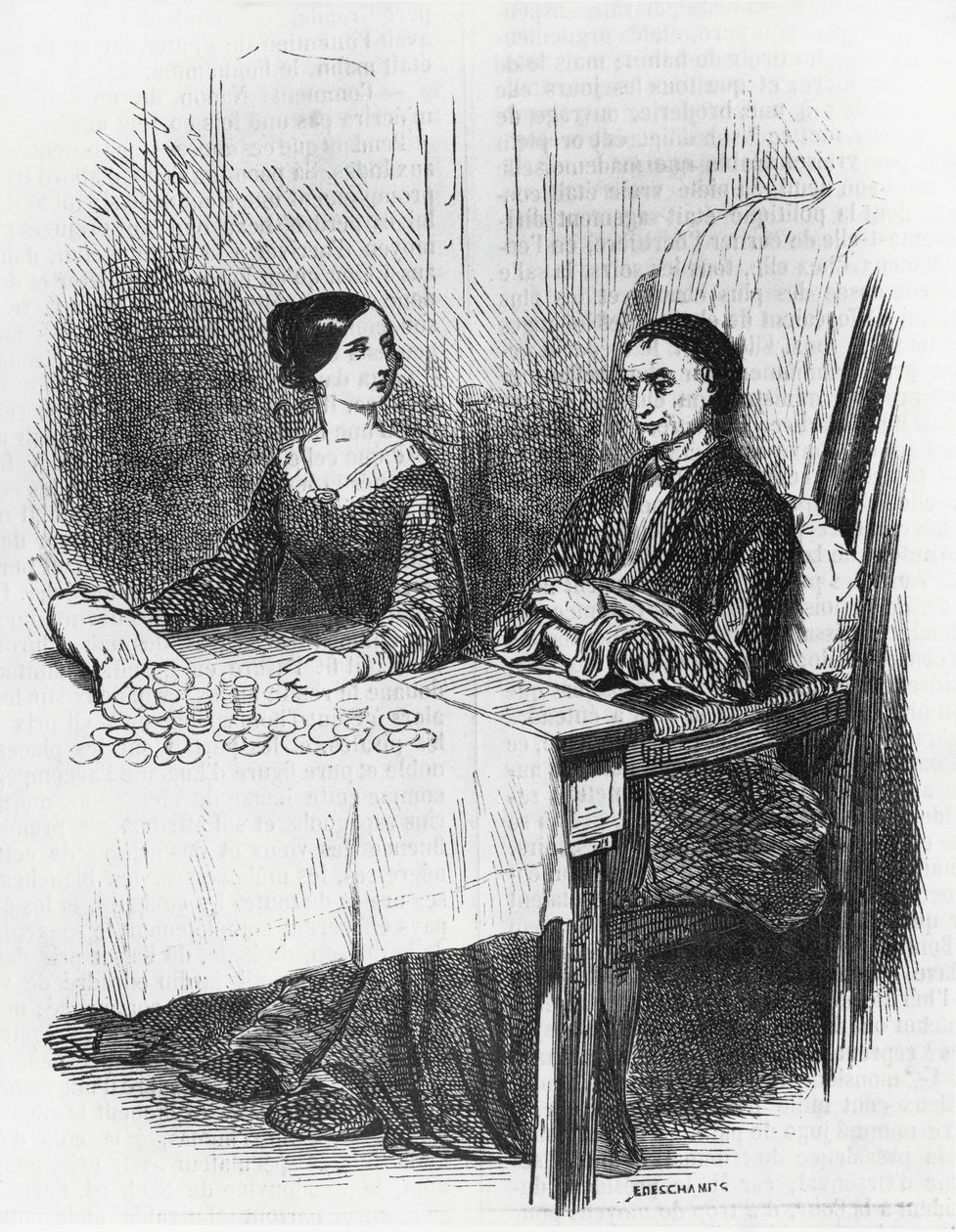 Illustration til Eugenie Grandet, roman af Honore de Balzac (1799-1850) fra samlingen i flere bind med titlen Human Comedy, gravering af Emile Deschamps (1822-1893) af Emile Deschamps