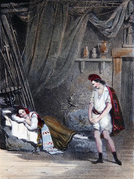 Scene, der forestiller den stumme pige Fenella sovende i en hytte med sin bror Masaniello: akt IV fra operaen 