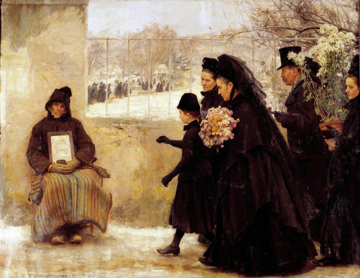 Allehelgen En sørgende familie, der går på kirkegården, giver en mønt til en gammel mand, der laver alumone. Maleri af Emile Friant (1863-1932) 1888 søn. 2,54x3,34 m Nancy, musee des Beaux Arts af Emile Friant