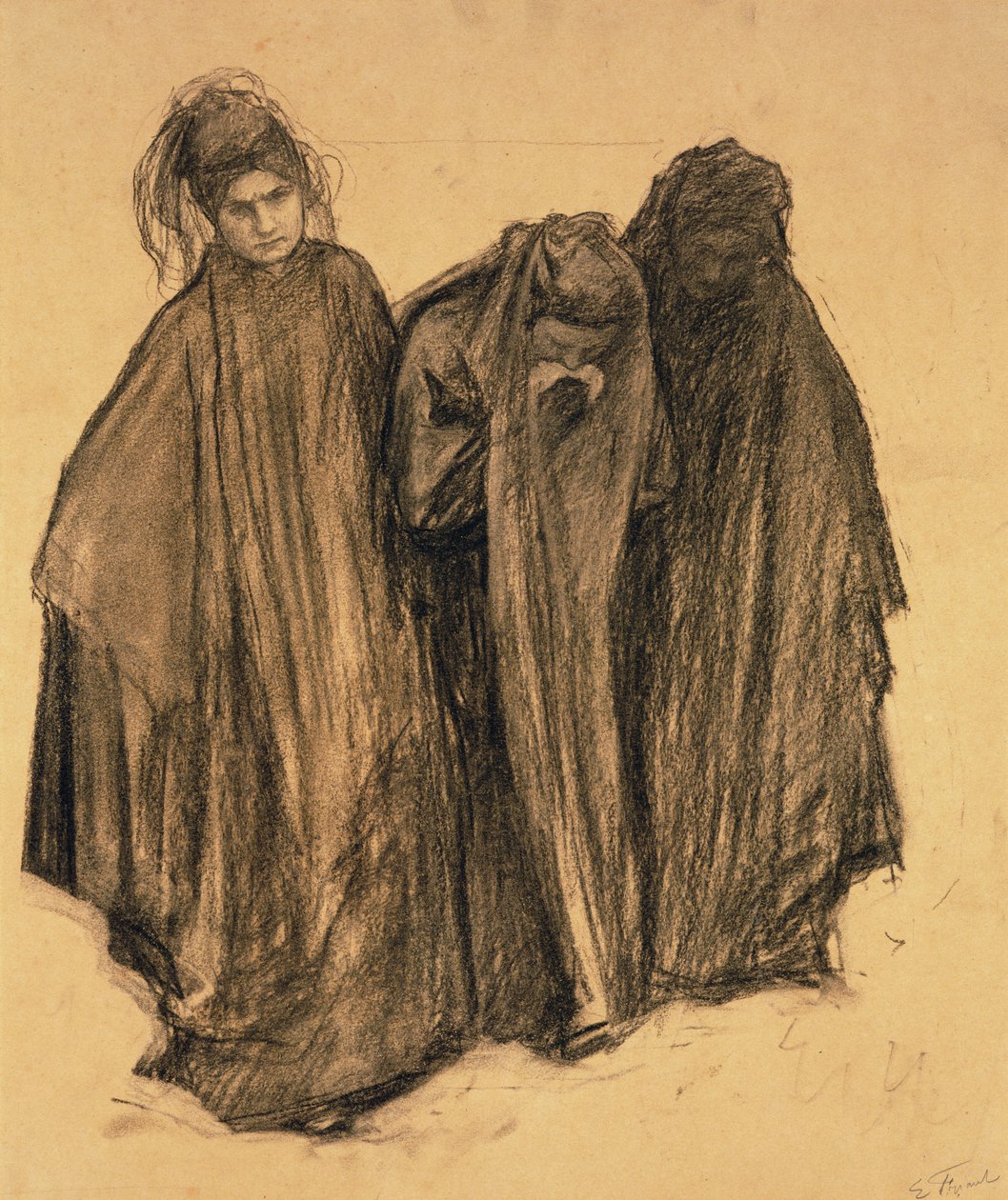 Studie for La D0uleur, 1899 (kul på papir) af Emile Friant