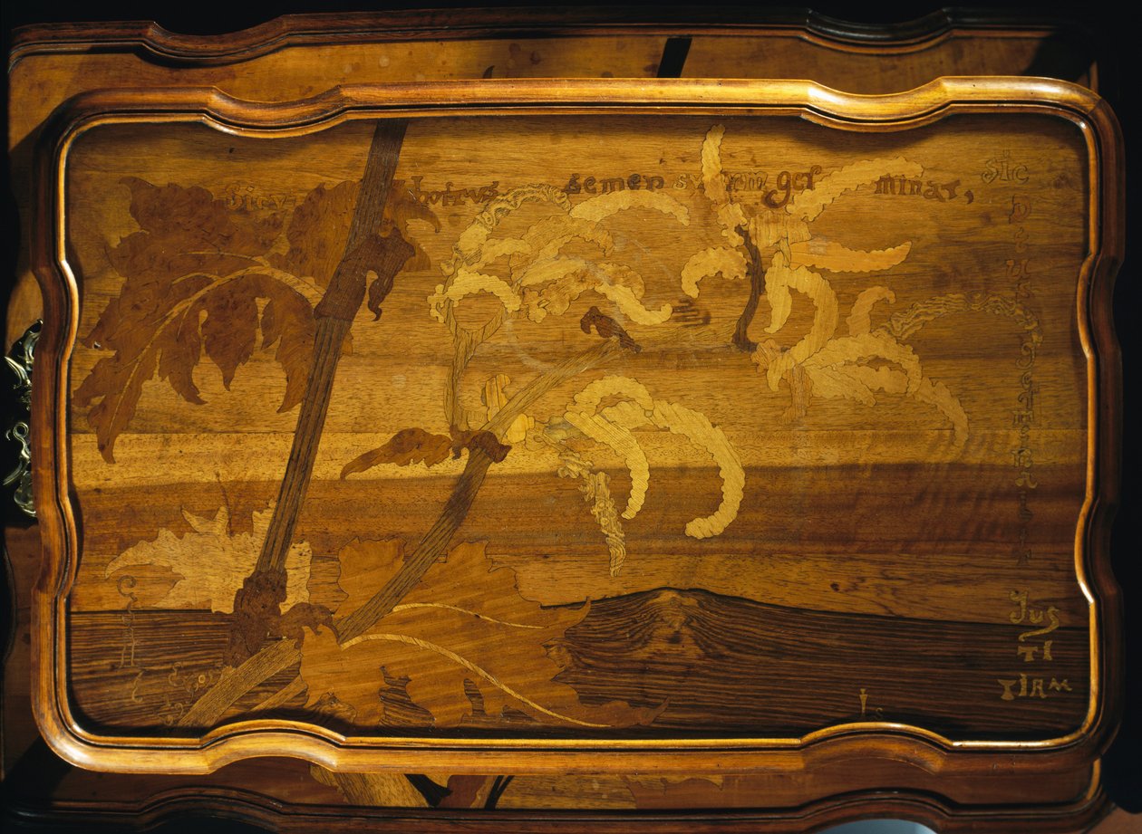 Palmer ved havet, indlagt træbordplade, af Emile Galle (1846-1904), Art nouveau-stil, Frankrig, 20. århundrede af Emile Galle