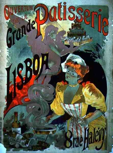 Plakat, der reklamerer for "Åbning af Grande Patisserie Lisboa" i Paris, ca. 1895 (farvelitografi) af Emile Georges Giran