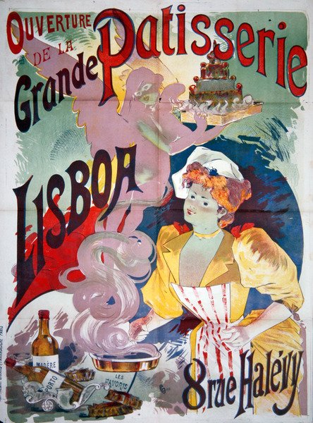 Plakat, der reklamerer for "Åbning af Grande Patisserie Lisboa" i Paris, ca. 1895 (farvelitografi) af Emile Georges Giran