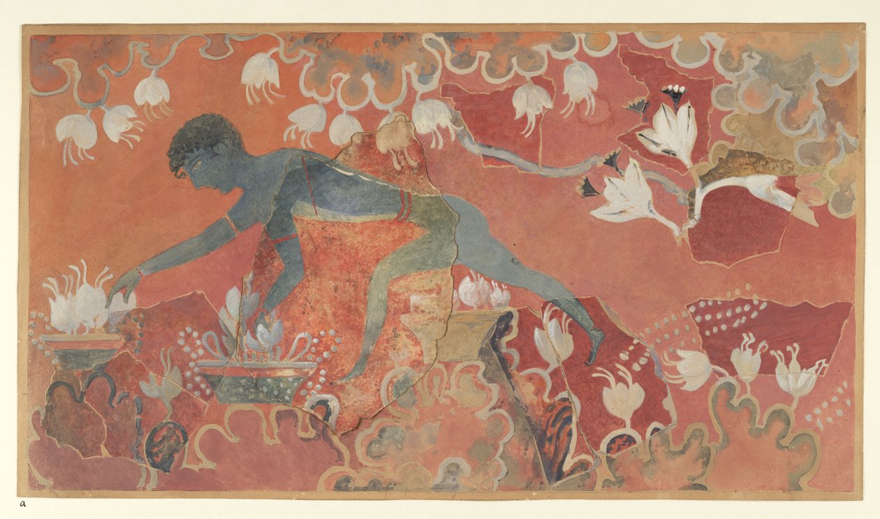 Maleri af den blå abe safransamler-fresco fra Palace of Minos i Knossos (Evans Fresco-tegning L/3 a)), omkring 1921 (papir, pigment) af Emile Gilliéron