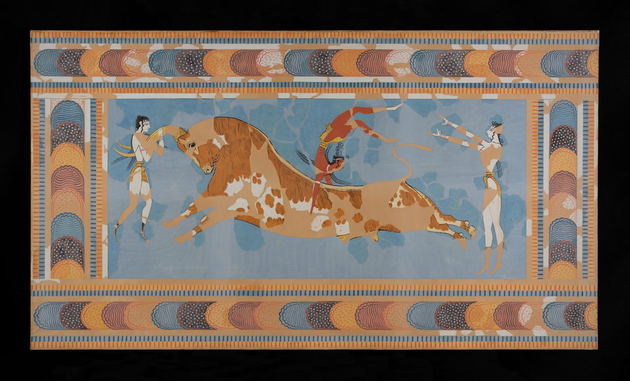 Maleri af den restaurerede Taureador Fresco fra Palace of Minos i Knossos (Evans Fresco Tegning N/4) af Emile Gilliéron
