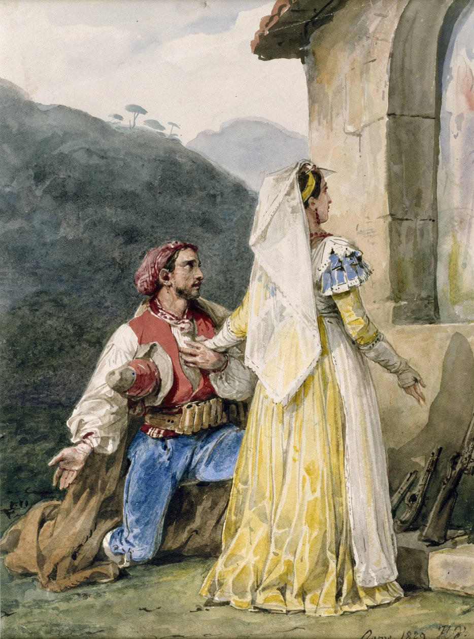 Italienske bønder foran et helligdom, 1829 (wc på papir forhøjet med tyggegummi) af Emile Jean Horace Vernet