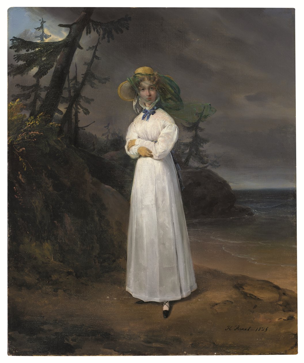 Portræt af enken Comtesse Jean-Henri-Louis Greffulhe i et landskab af Emile Jean Horace Vernet