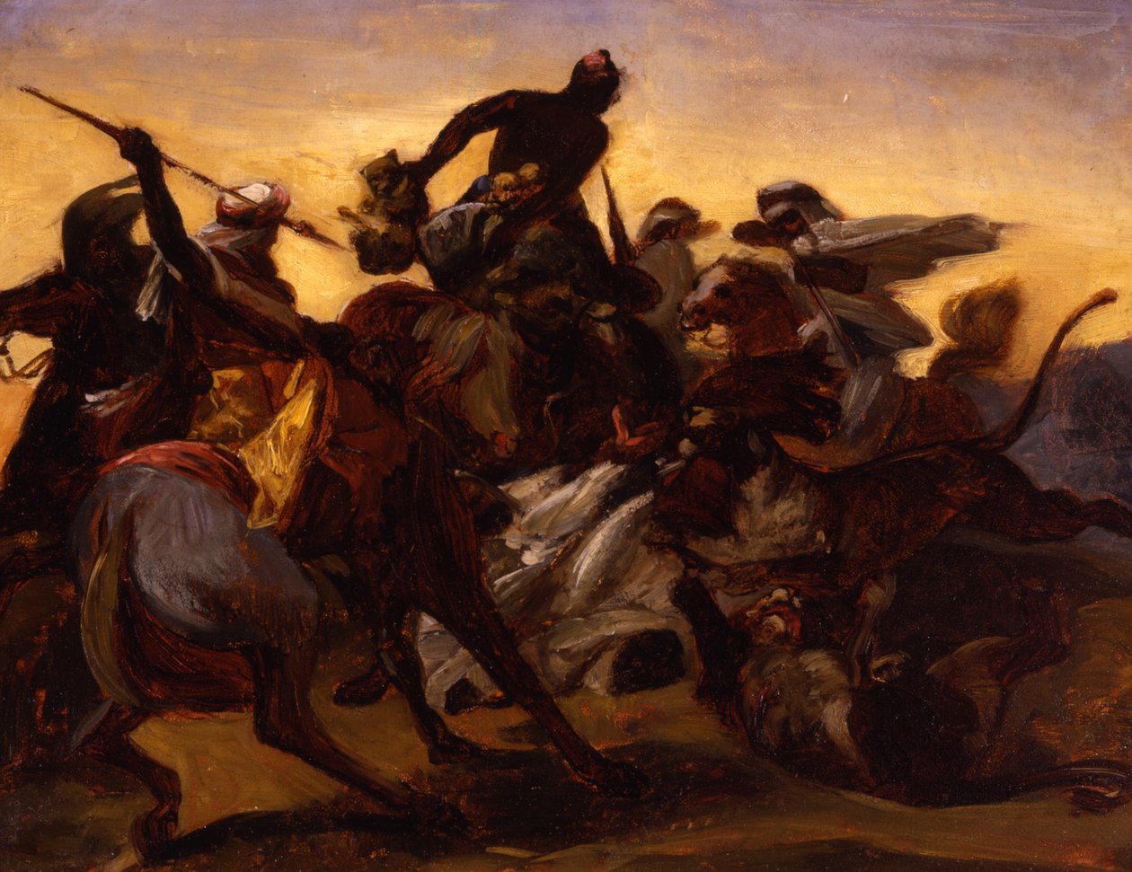 Skitse til Løvejagten, ca. 1836 (olie på papir lagt på lærred) af Emile Jean Horace Vernet