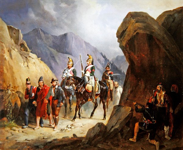 The Ambush, brigander, der har til hensigt at befri deres kammerater (olie på papir) af Emile Jean Horace Vernet