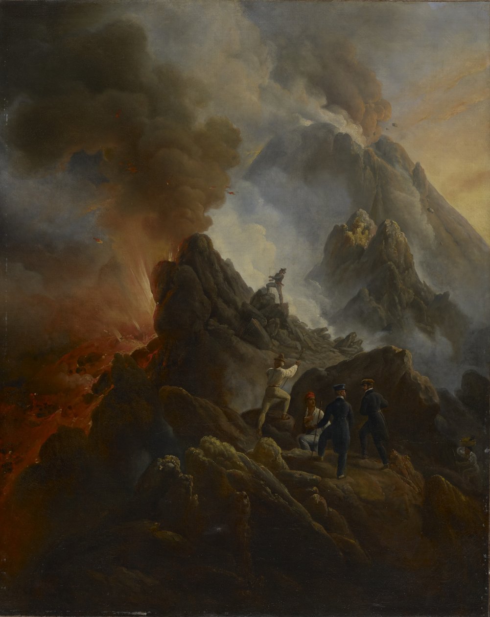 Vesuv i udbrud, kunstneren og hans far, Carle Vernet, i forgrunden., ca. 1822 af Emile Jean Horace Vernet