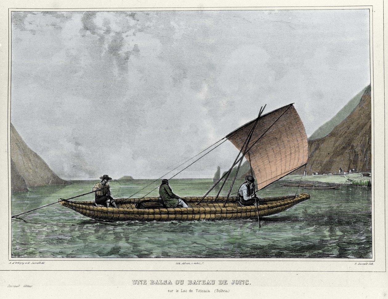 En Balsa eller en udslæt båd på Titicaca-søen (Bolivia). Litografi af Emile Lassalle (1813-1871) - i "" Voyage in South America"" af Alcide D