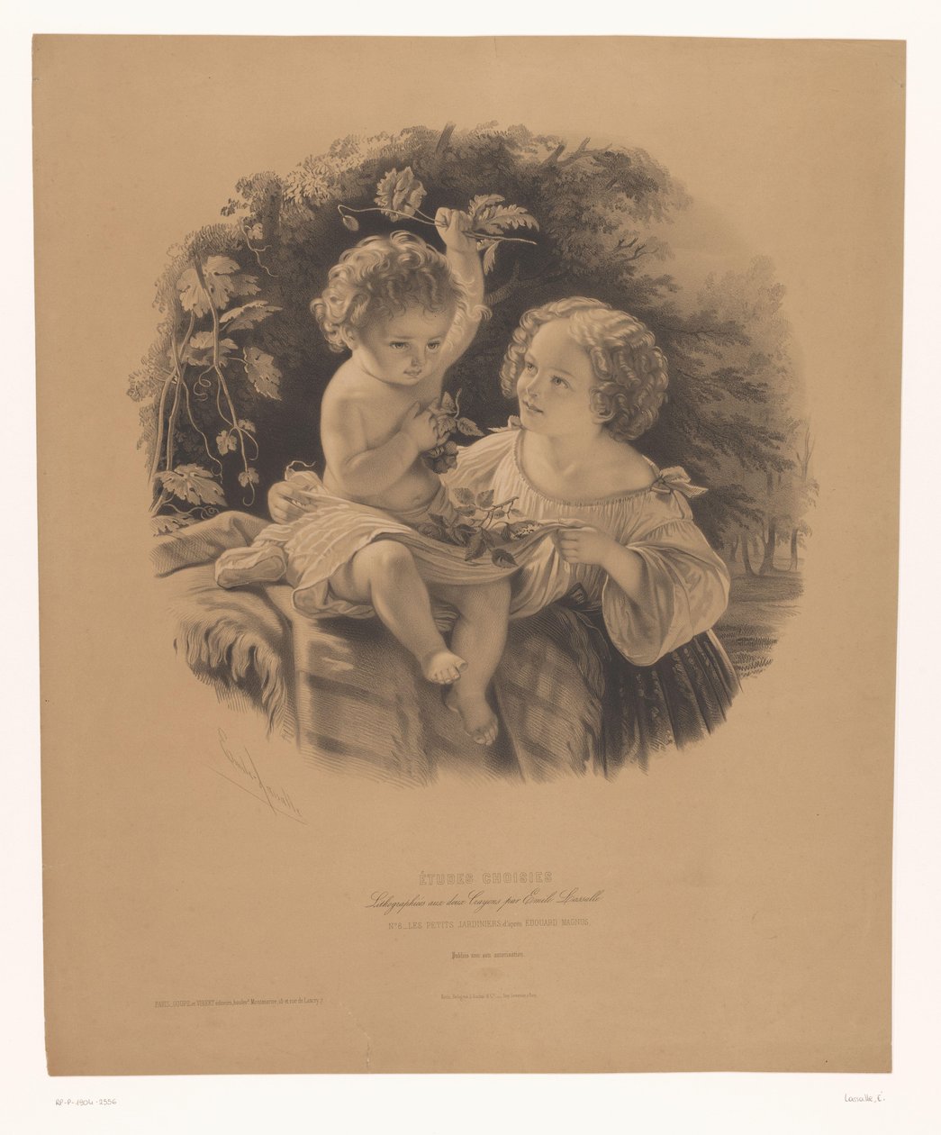 Børn leger udenfor Les petits jardiniers (titel på objekt) Studier af udvalgte kunstnere (serietitel) Etudes choisies (serietitel på objekt) af Emile Lassalle