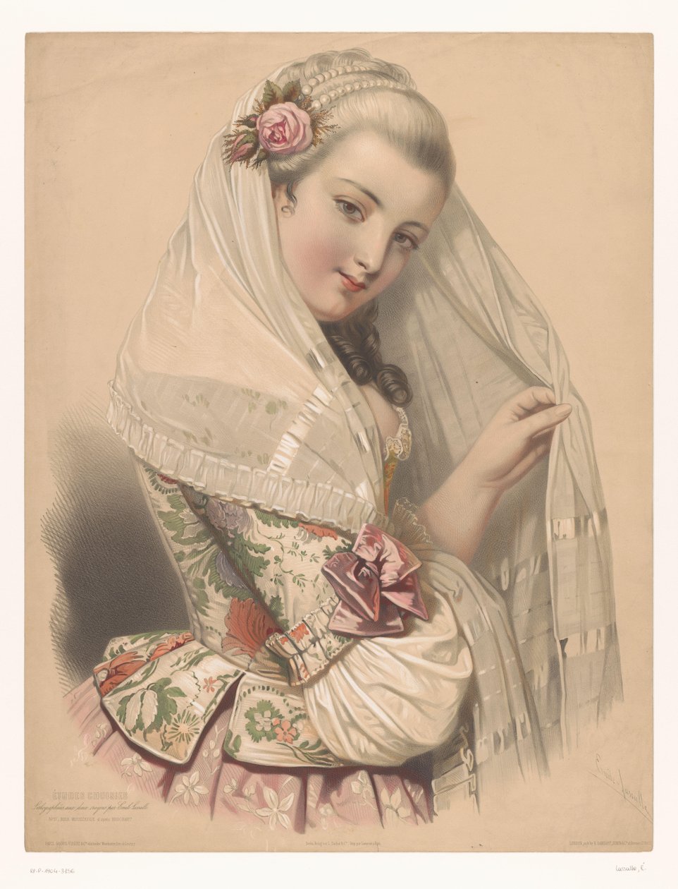 Tilsløret ung kvinde med en rose i håret Rose mousseuse (titel på objekt) Studier af udvalgte kunstnere (serietitel) Etudes choisies (serietitel på objekt) af Emile Lassalle