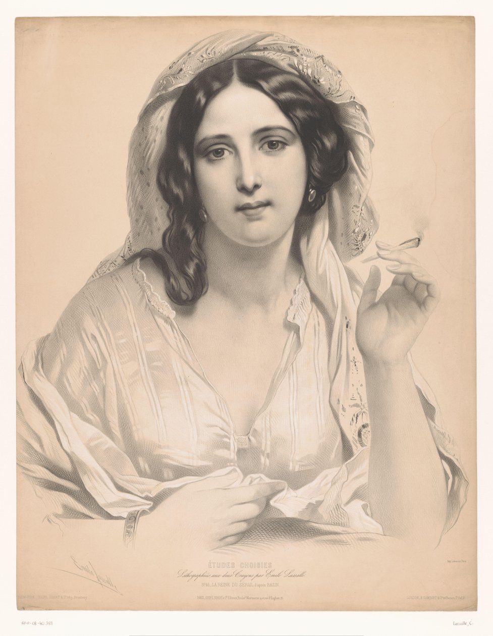 Tilsløret ung kvinde med en cigaret i hånden La reine du sérail (titel på objekt) Studier af udvalgte kunstnere (serietitel) Etudes choisies (serietitel på objekt) af Emile Lassalle
