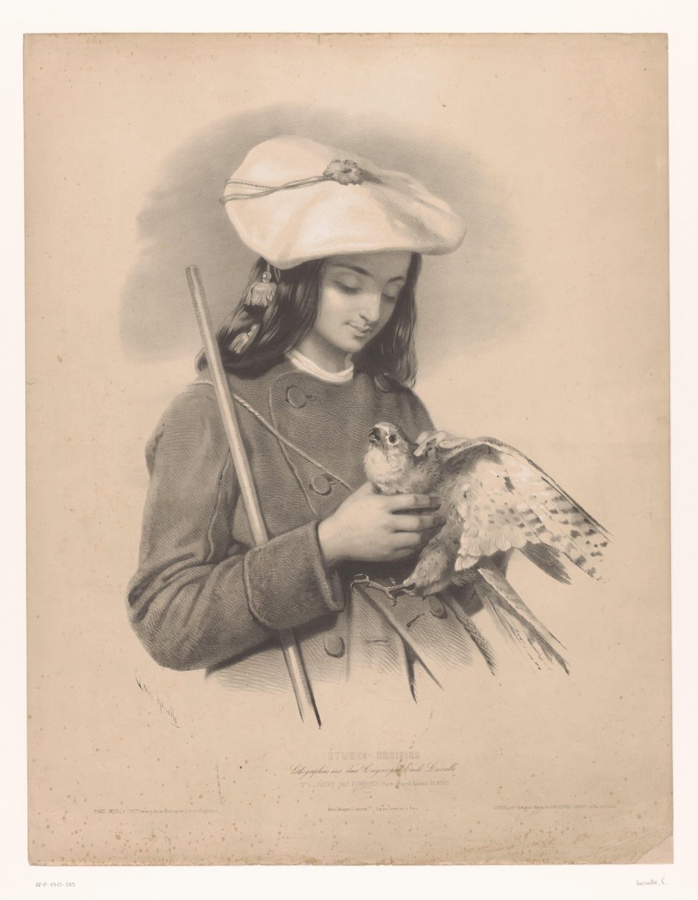 Hyrde fra Pyrenæerne med en falk i hænderne Pâtre des Pyrenees (Ossun) (titel på objekt) Studier af udvalgte kunstnere (serietitel) Etudes choisies (serietitel på objekt) af Emile Lassalle