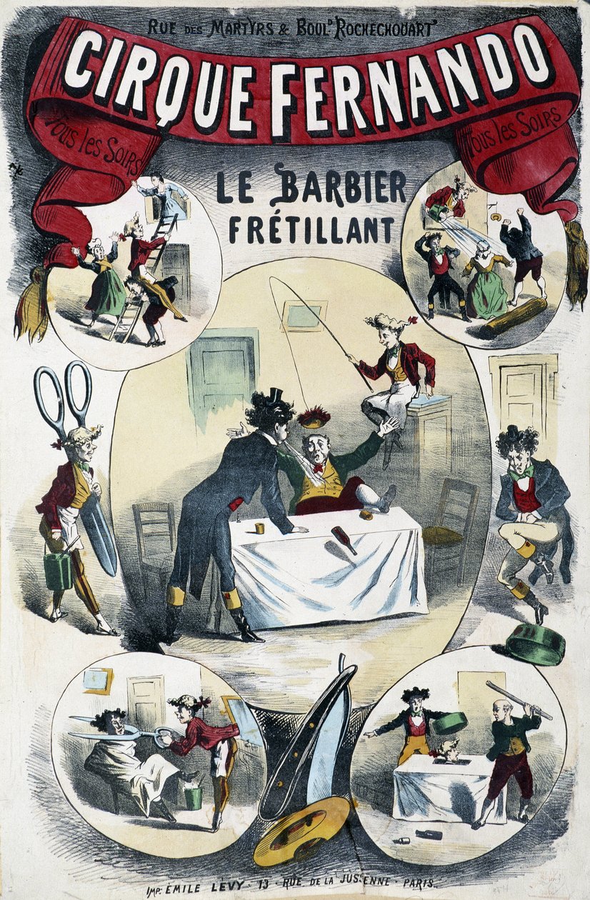 Cirque Fernando: The Writing Barber - Plakat af Lévy, slutningen af det 19. århundrede af Emile Levy