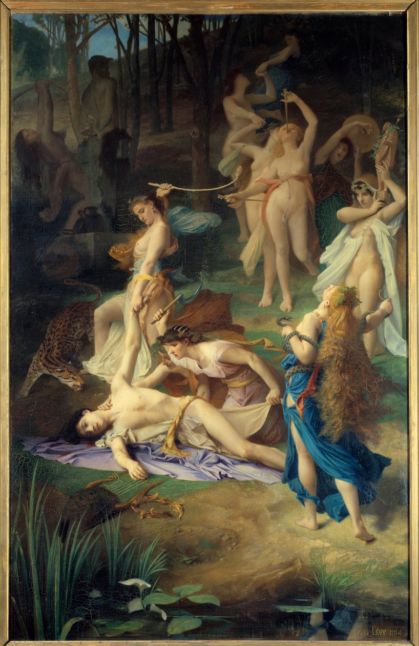 Orphees død. Bacchanterne (eller Menades) lettede mig. Orphee makulerede det i stykker. Maleri af Emile Levy (1826 - 1890) af Emile Levy