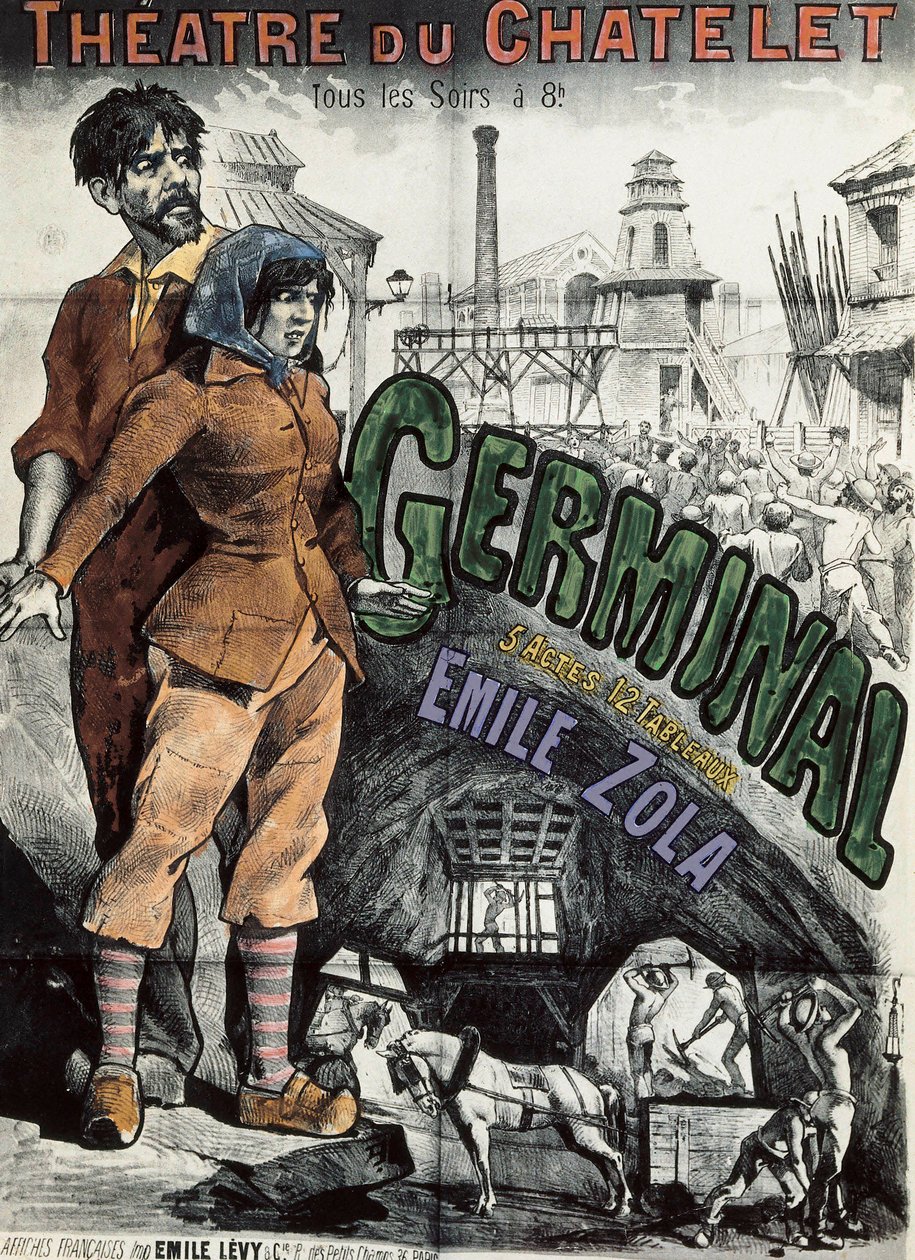 Plakat for teatralsk fremstilling af romanen "" Germinal "" af Emile Zola på Theatre du Chatelet i Paris. Litografi af Emile Levy (1826-1890). af Emile Levy