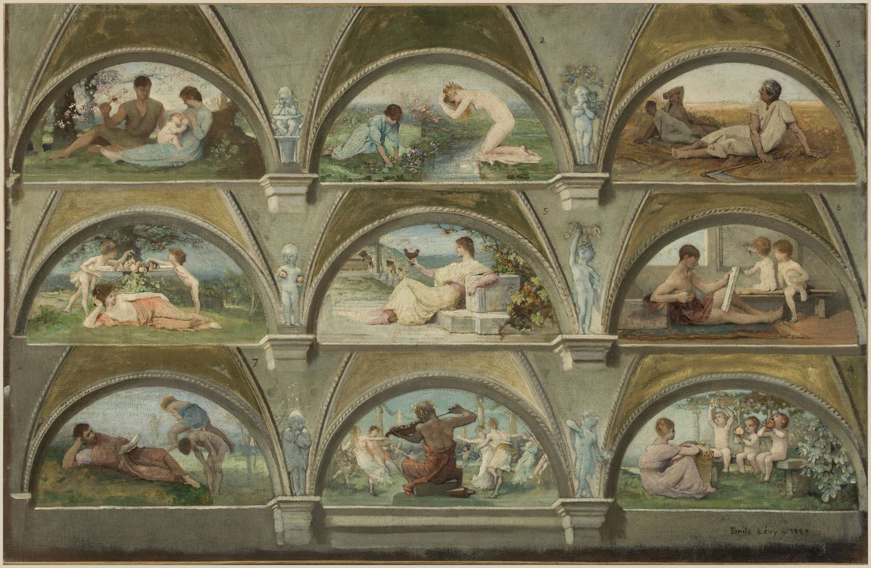 Skitse til salon des cariatides på Hôtel de Ville i Paris: Allegoriske scener fra hverdagslivet (voussures) af Emile Levy