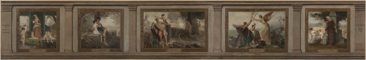 Skitse til rådhuset i det 16. arrondissement i Paris (salon en hémicycle): Barndom, ungdom, formål, ære, alderdom: The Ages of Life, i 1884 (olie på lærred) af Emile Levy
