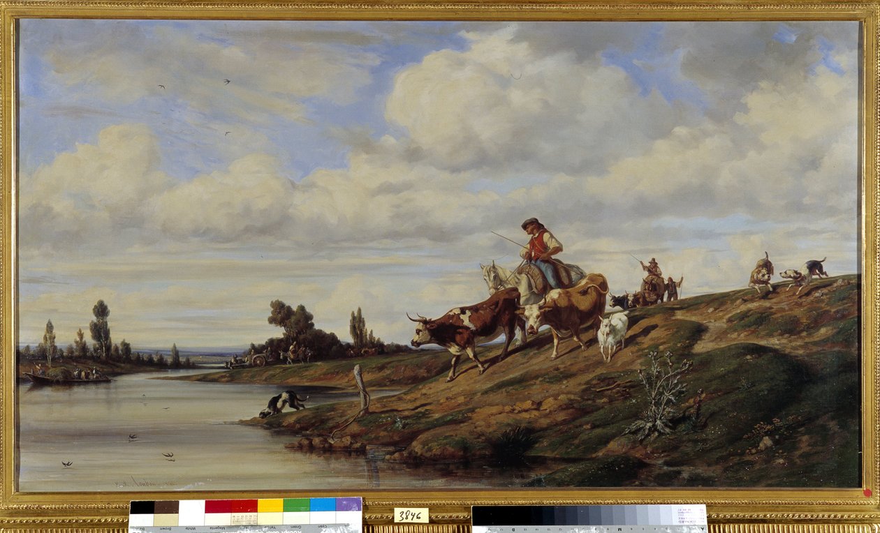 Passagen af Gue En ko passerer en flod med sin flok. Maleri af Emile Loubon (1809-1863) Obligatorisk omtale: Collection fondation regards de Provence, Marseille af Emile Loubon