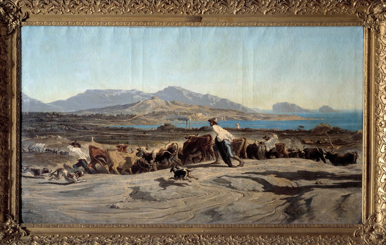 Udsigt over Marseille taget fra Aygalades, en dagstur I forgrunden af unge hyrder med flokken. Maleri af Emile Loubon (1809-1863) 1853 Dim. 1,40 x 2,60 m Marseille. Museum for Skønne Kunster af Emile Loubon