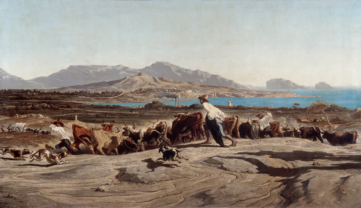 Udsigt over Marseille, tager Aygalades på en dagstur - Maleri af Emile Loubon (1809-1863) af Emile Loubon