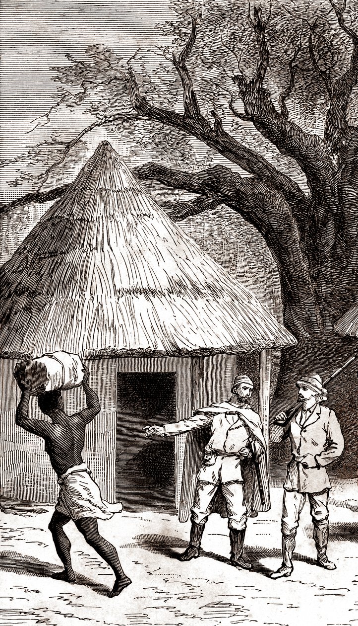 Opdagelsesrejsende og bærere foran en afrikansk hytte,1887 (radering) af Emile Mas