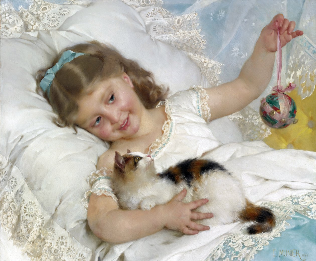 Barn og kat af Munier, Emile (1840-1895). Olie på lærred, størrelse: 54,6x65,4, , Privat samling af Emile Munier