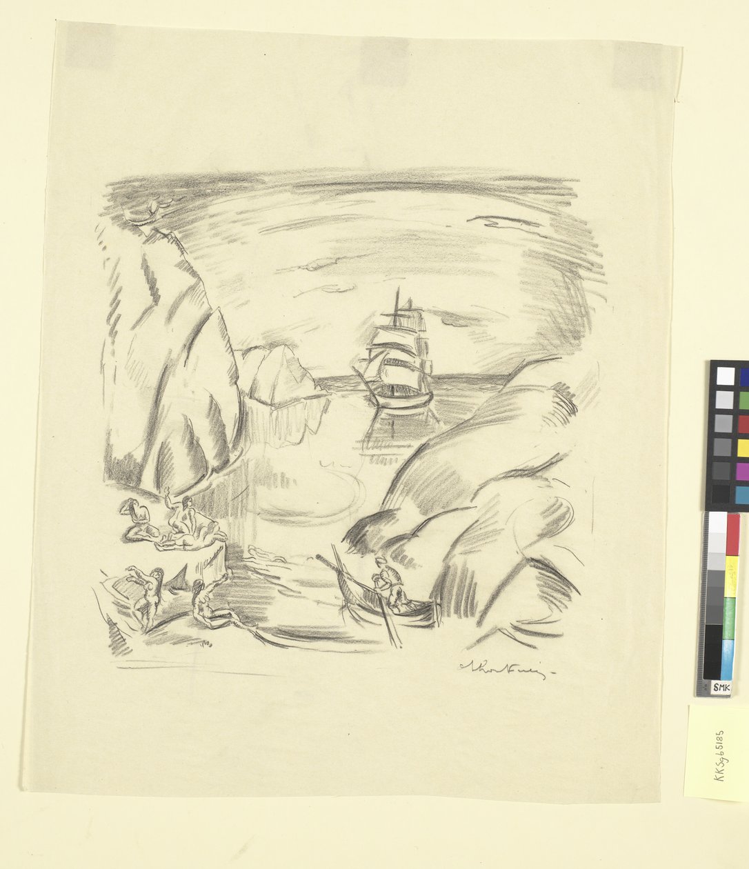 En havbugt med sejlskib og badende kvinder af Emile Othon Friesz