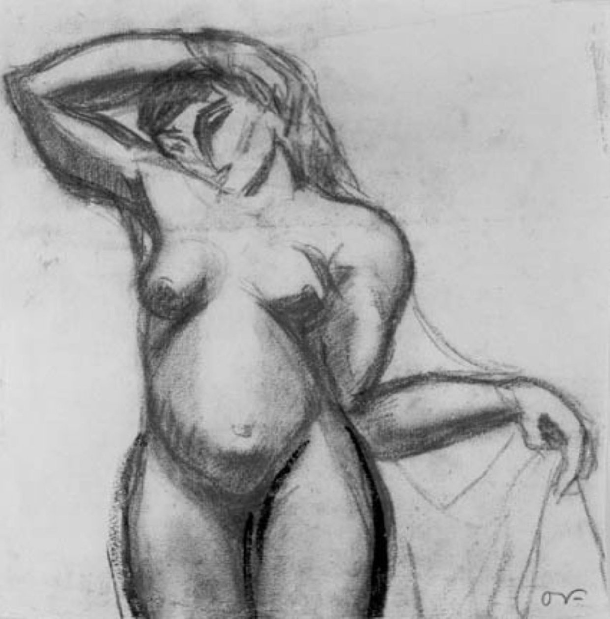 Figurstudie. Stående kvinde en face med et draperi. af Emile Othon Friesz