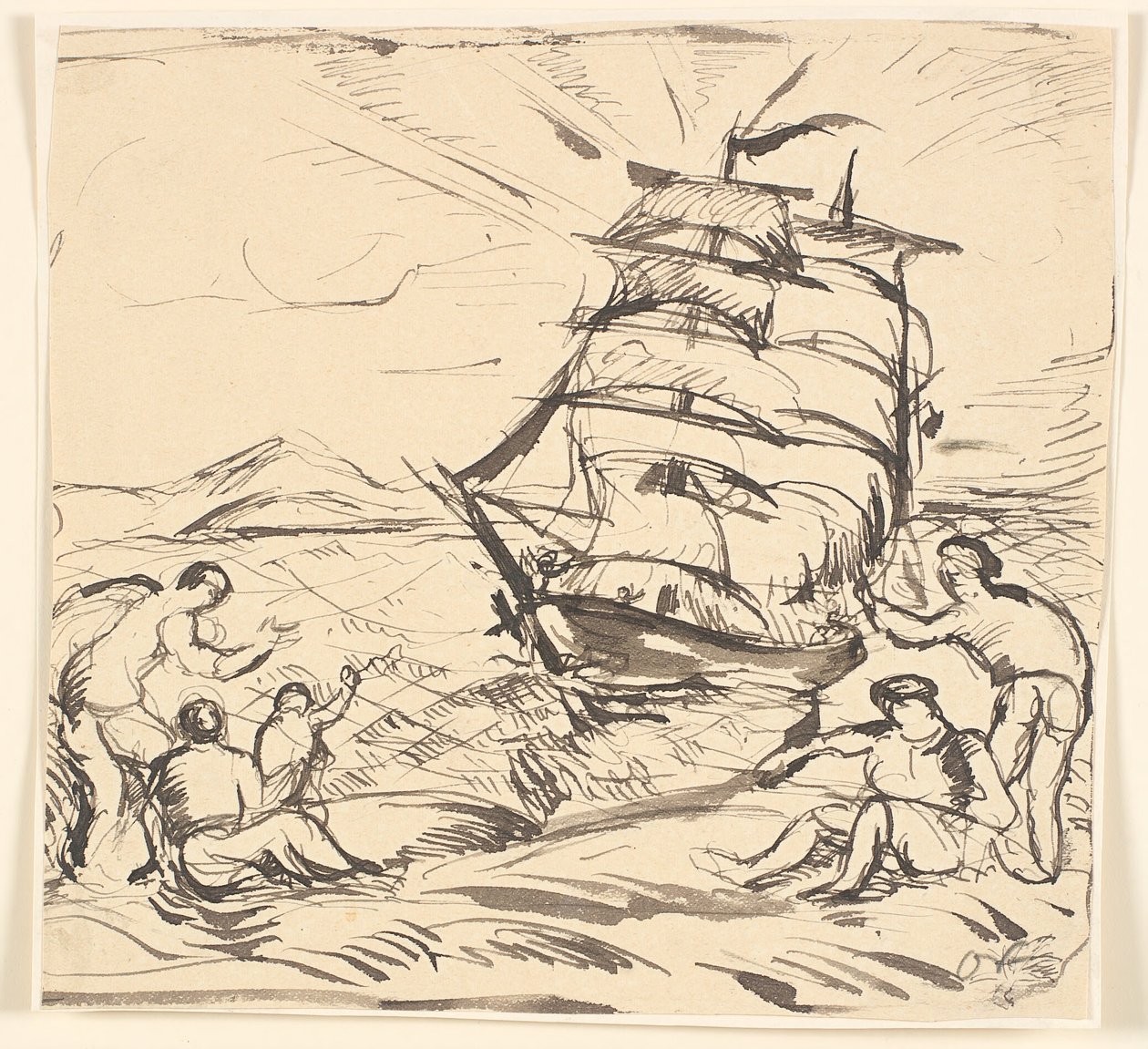 Kystlandskab med sejlskib og gestikulerende figurer. af Emile Othon Friesz