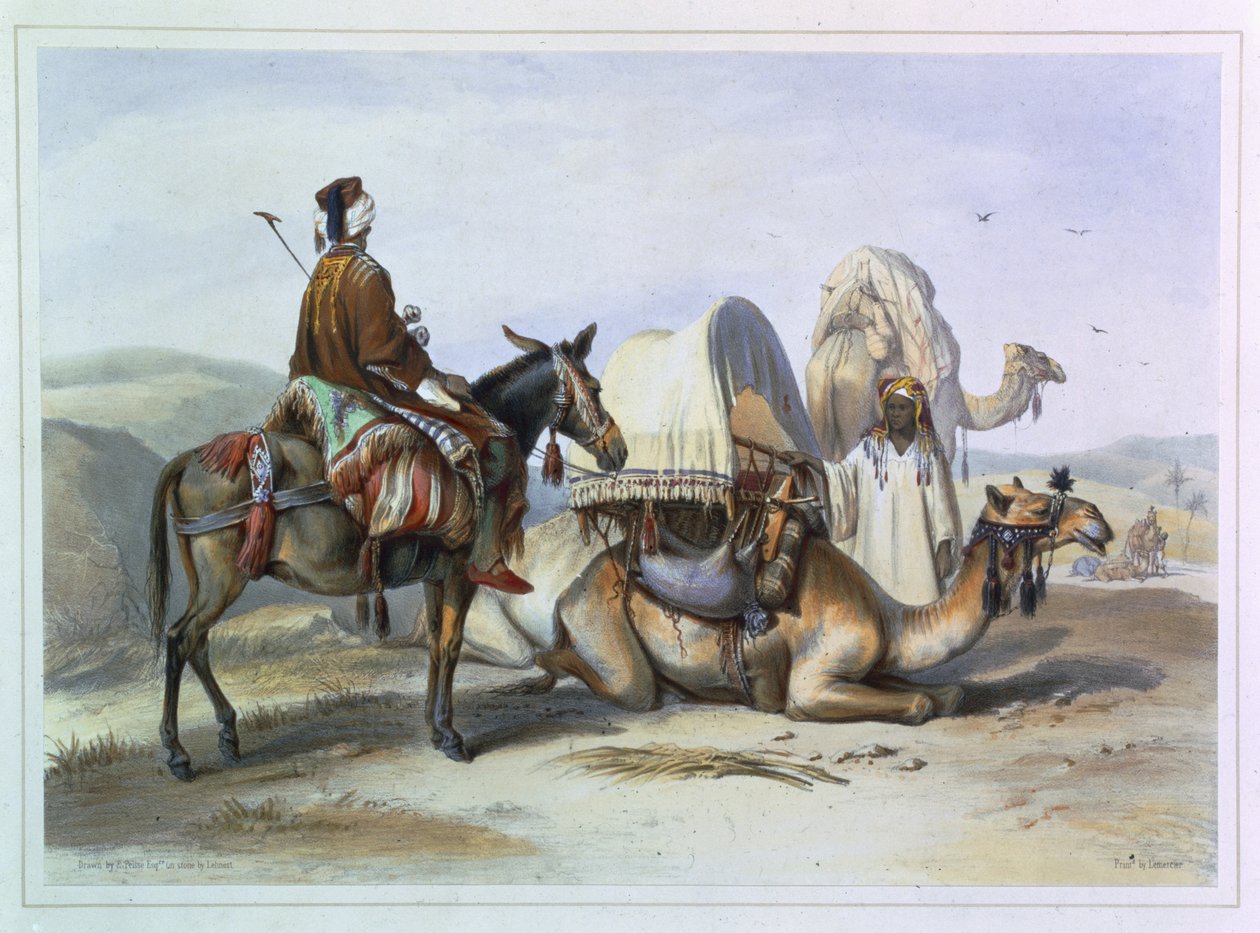 Kafila med en kamel, der bærer en hodesh, illustration fra "Nilens dal", graveret af Lehnert, udgivet af Lemercier, 1848 af Emile Prisse d