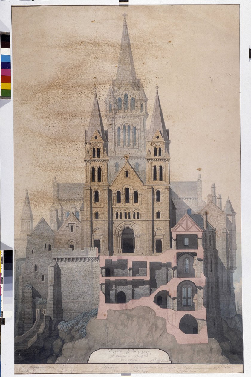 Gotisk arkitektur: facade af kirken og udskæring af klosterhuse. Tegning af det kommunale museum i Avranches (Manche) af Emile Sagot