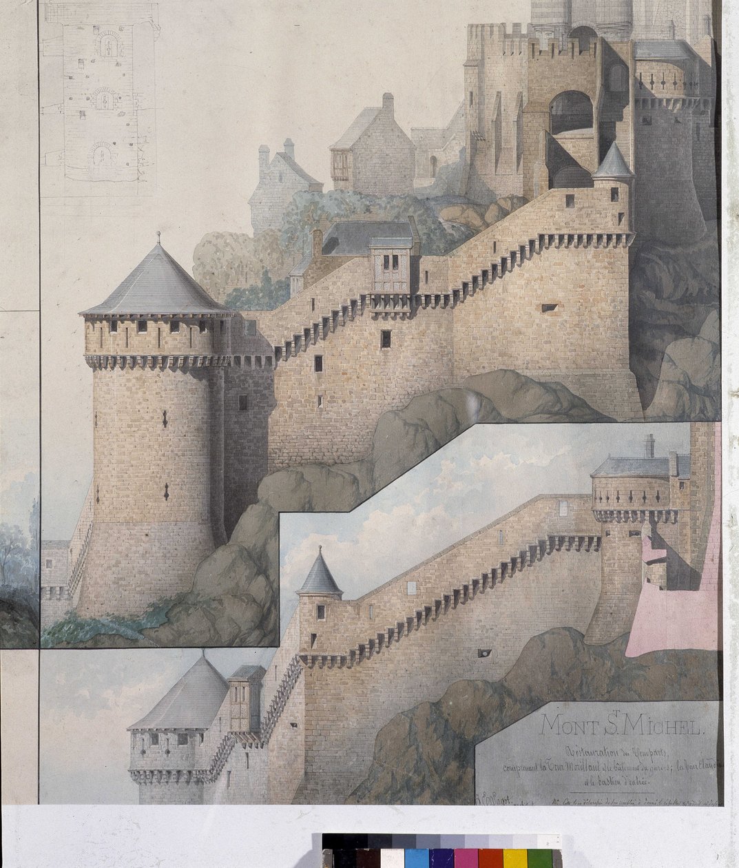 Udsigt over machicoulis mellem Nordtårnet og Claudine Tower of Mont Saint Michel. Tegning af Emile Sagot. Avranches kommunale museum (Manche) af Emile Sagot