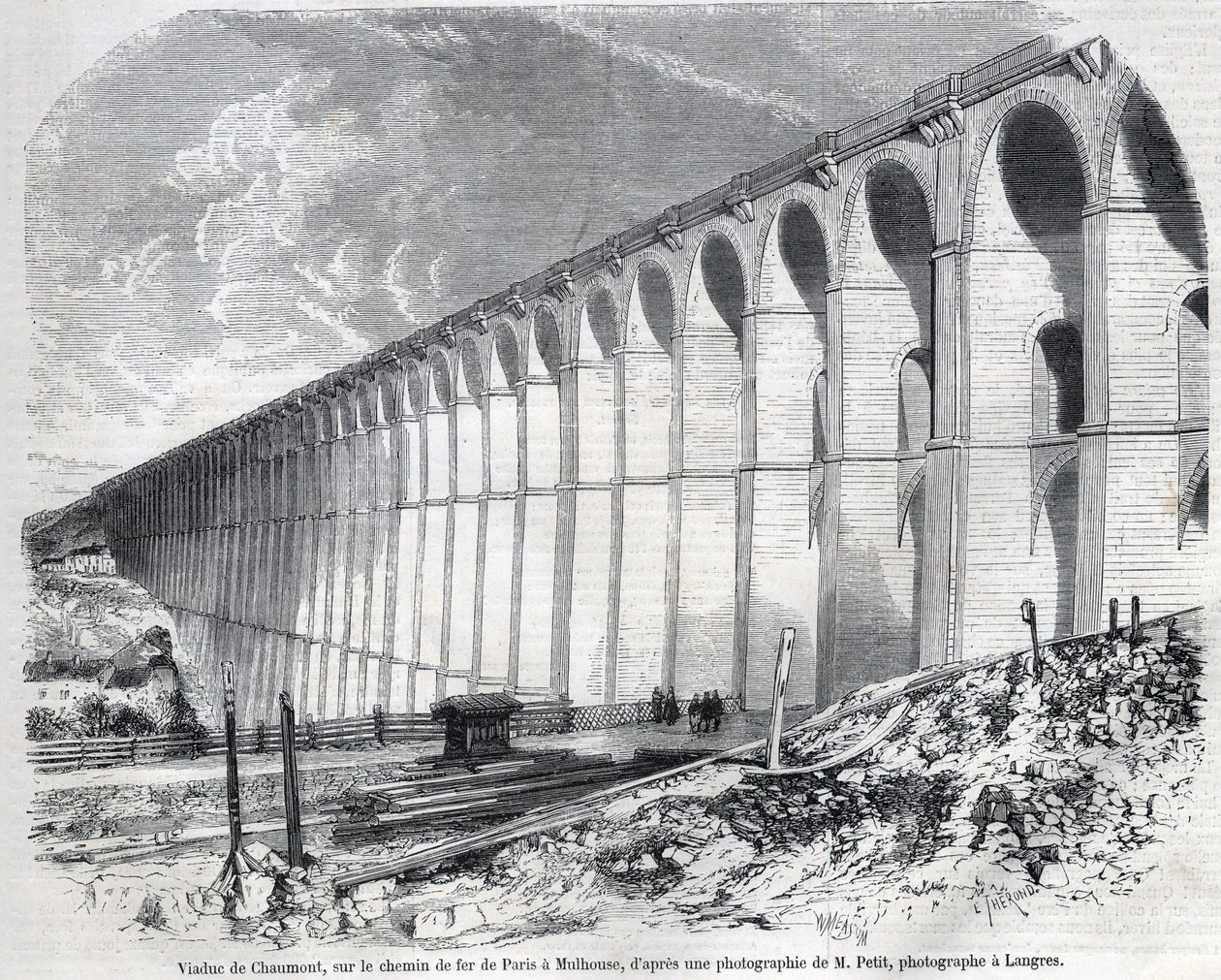 Chaumont Viaduct på jernbanen fra Paris til Mulhouse. Gravering efter skitse af Ralph i "" The Illustrous World "", 09/05/1857. Privat samling. af Emile Theodore Therond