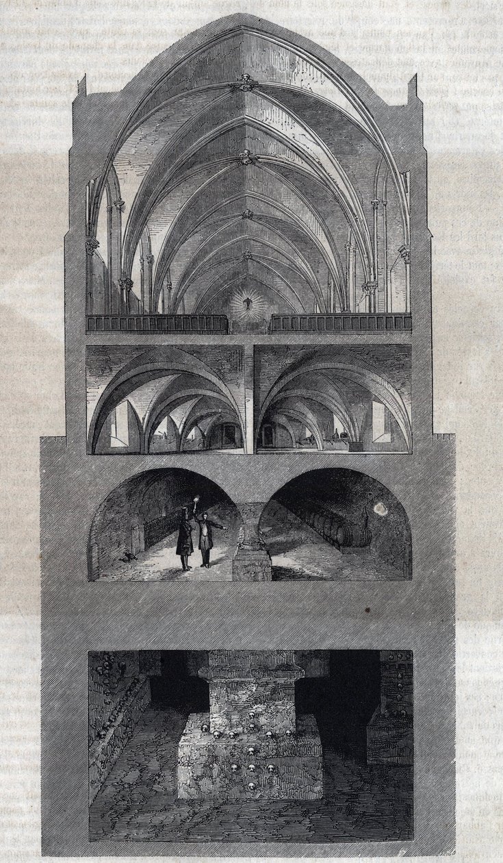 Tværsnit af Napoleon-gymnasiet i Paris (i dag Lycee Henri IV). Fra top til bund: refektoriet, køkkenet, kældrene, katakomberne. Stik af Therond. I "" Le Magasin Picturesque"" af Emile Theodore Therond