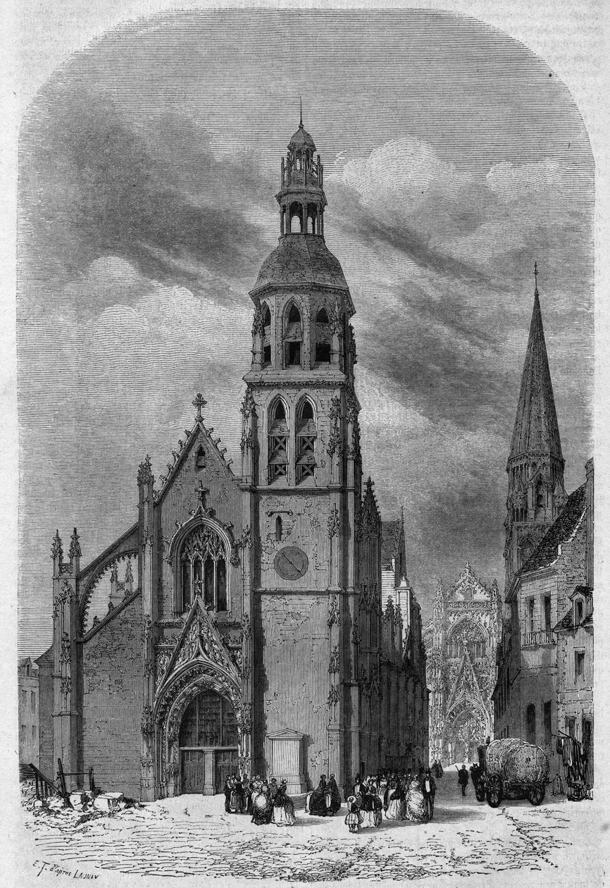 Udvendigt billede af kirken Saint Martin (15.-16. århundrede) i Vendome, Loir og Cher (41), før dens nedrivning i 1857. Gravering af Therond i "" Le Magasin Picturesque"" af Emile Theodore Therond