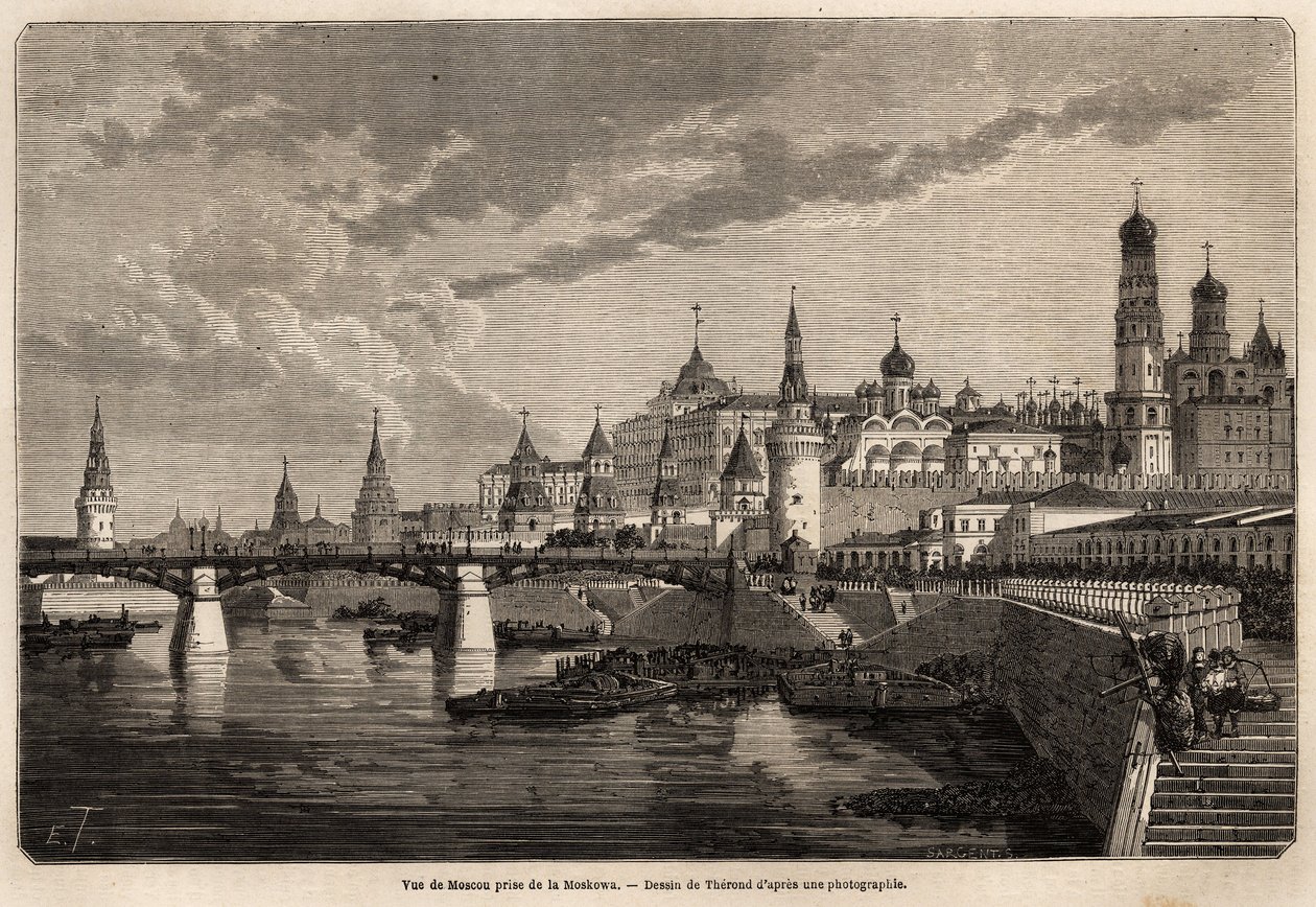 Generelt billede af Moskva, taget fra Moskowa, tegning af Therond, for at illustrere rejsen fra Shanghai til Moskva, fra 1859 til 1862, af M. de Bourboulon, Frankrigs minister til Kina. Indgravering i "" Le tour du monde"", redigeret af Edouard Charton af Emile Theodore Therond