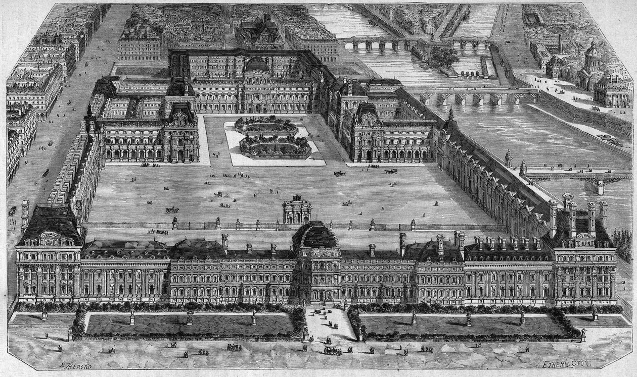 Generelt billede af Louvre i Paris, taget fra Tuilerierne af Emile Theodore Therond