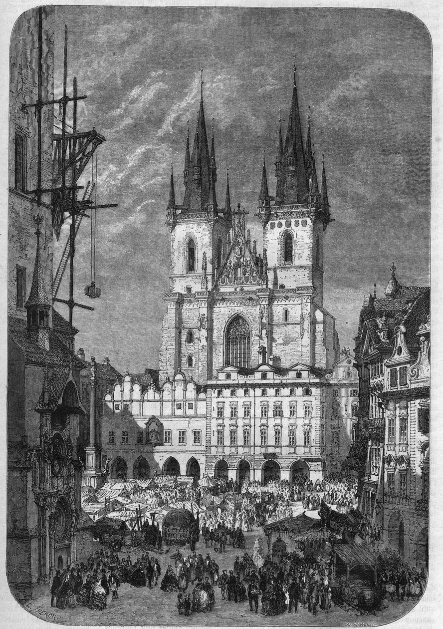 Gotisk arkitektur: udvendig udsigt over kirken Vor Frue af Tyn (Teynkirche) i Prag. Dens konstruktion varede fra halvdelen af det 14. århundrede til det 16. århundrede. Gravering af Therond i "" Le Magasin Picturesque"" af Emile Theodore Therond