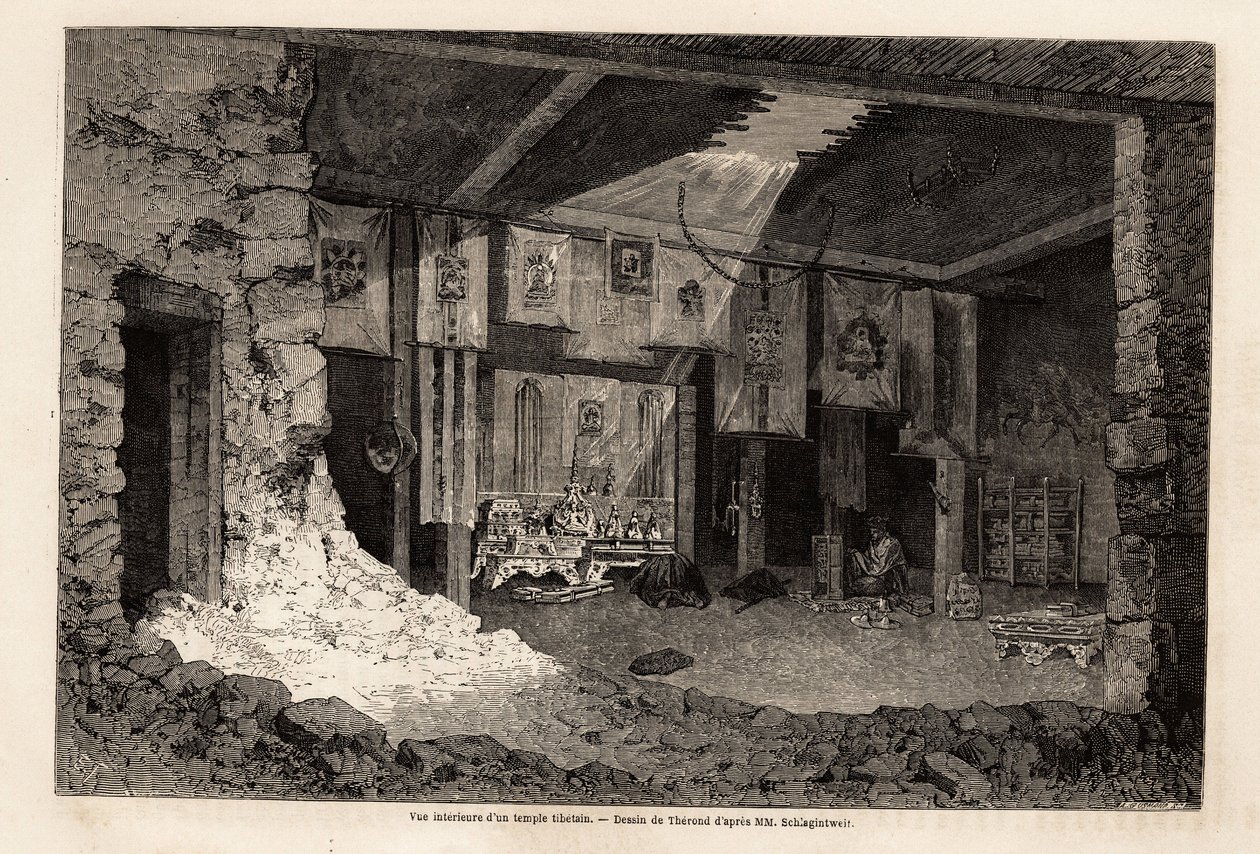 Indvendigt billede af et tibetansk tempel, tegning af Therond, for at illustrere opsummeringen af det geografiske år 1862, af Vivien de Saint Martin. Indgravering i "" Le tour du monde"", redigeret af Edouard Charton af Emile Theodore Therond