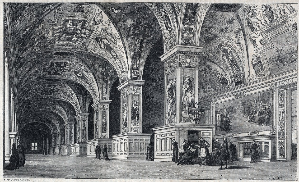 Indvendigt billede af Vatikanets bibliotek i det 18. århundrede. Stik af Therond efter tegning af Francois Pannini. af Emile Theodore Therond