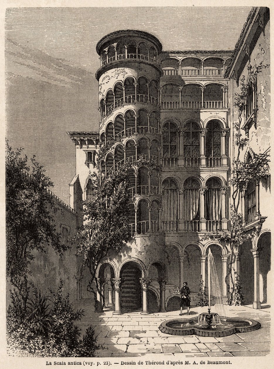La Scala Antica, tegning af Therond, til illustration af Adalbert de Beaumonts rejse til Venedig, omkring 1850. Indgravering i “” Le tour du monde””, redigeret af Edouard Charton af Emile Theodore Therond
