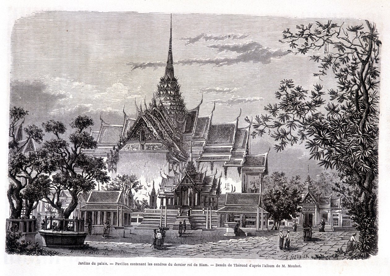 Slotshave. Pavillon, der indeholder asken fra den sidste konge af Siam. Tegning af Thérond fra M. Mouhots album. “Tour du monde” af Emile Theodore Therond