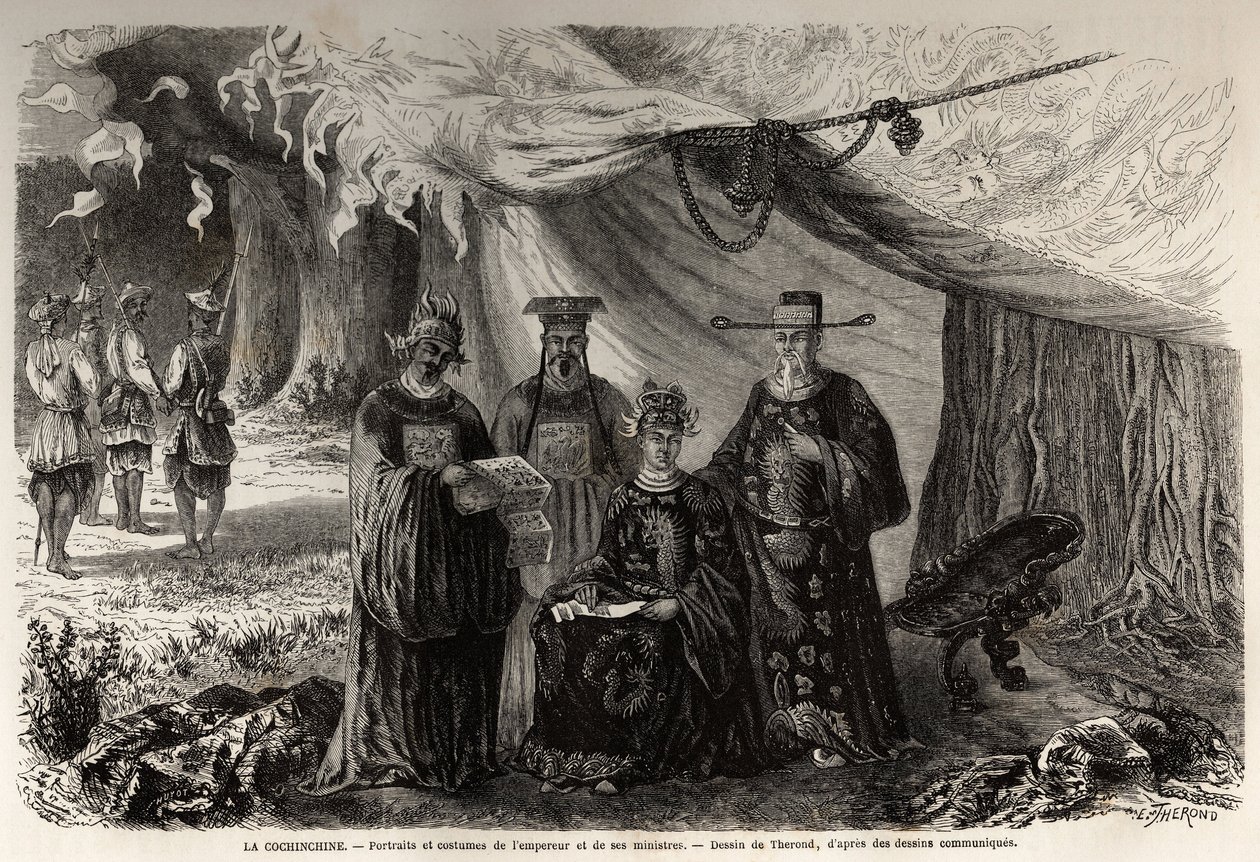 Portrætter og kostumer af kejseren af Annam og hans ministre, Cochinchine, tegning af Therond, for at illustrere en unik korrespondance med Cochinchine i 1859. Indgravering i "" Le tour du monde, nouveau journal des voyages"" Paris af Emile Theodore Therond