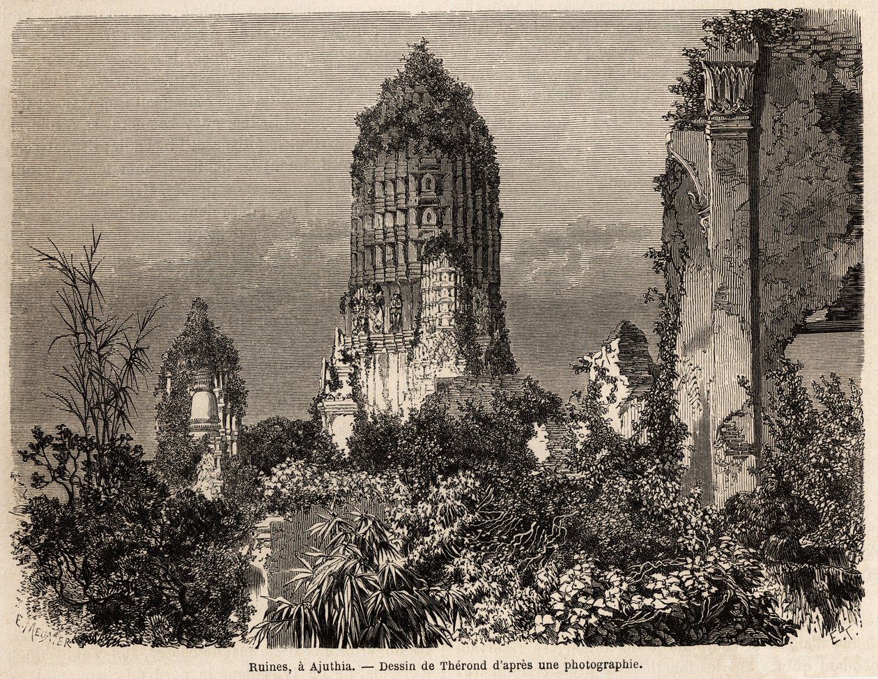 Ruinerne taget i junglens vegetation i Ajuthia (Thailand), tegnet af Therond, for at illustrere rejsen gennem kongerigerne Siam, Cambodja og Laos, fra 1858 til 1861, af Henri Mouhot. Indgravering i "" Le tour du monde"", redigeret af Edouard af Emile Theodore Therond