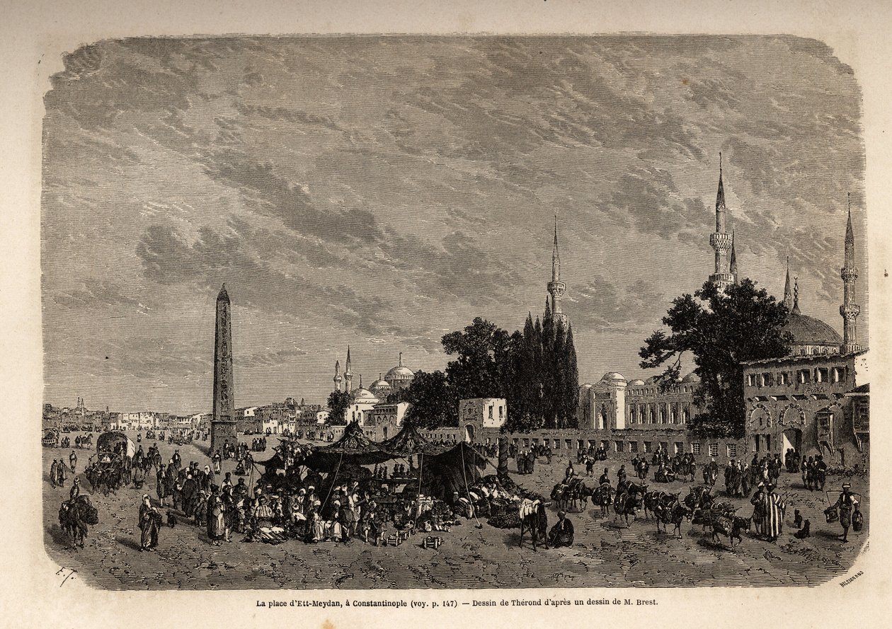 Pladsen i Ett Meydan, Konstantinopel (det nuværende Istamboul, Tyrkiet), tegning af Therond, for at illustrere undersøgelsen om tyrkiske kvinder, fra 1862, af F.Jerusalemy. Indgravering i "" Le tour du monde"", redigeret af Edouard Charton af Emile Theodore Therond